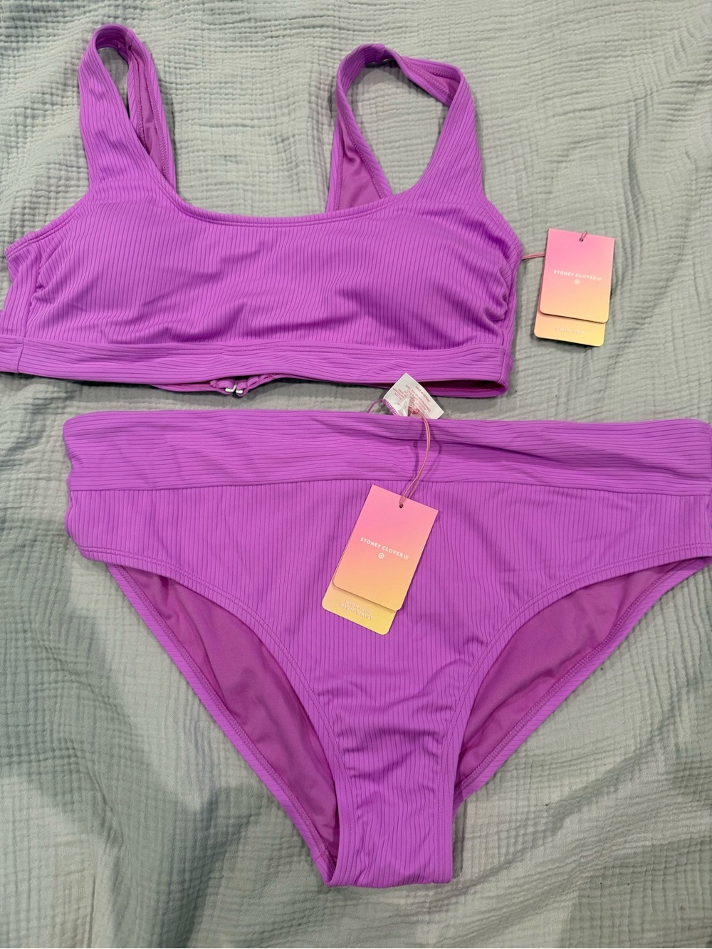 Stoney Clover Ribbed Purple High-Waist Bikini Set - Women Swim